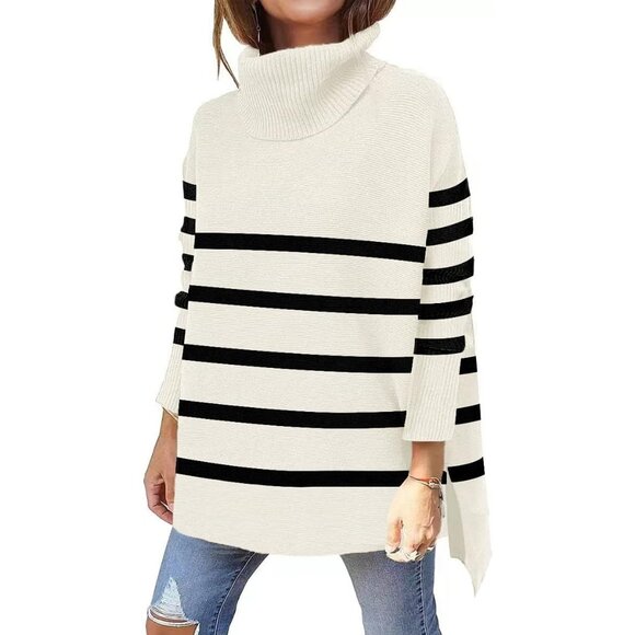 Women's Oversized Striped Turtleneck Sweater Viscose Nylons Polyester - Picture 1 of 5